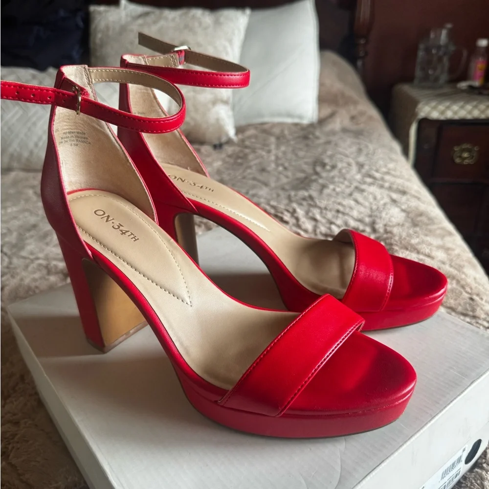 ON 34th Red Ankle Strap Block Heel Sandals